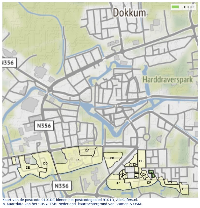 Afbeelding van het postcodegebied 9101 DZ op de kaart.