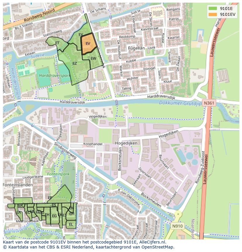 Afbeelding van het postcodegebied 9101 EV op de kaart.