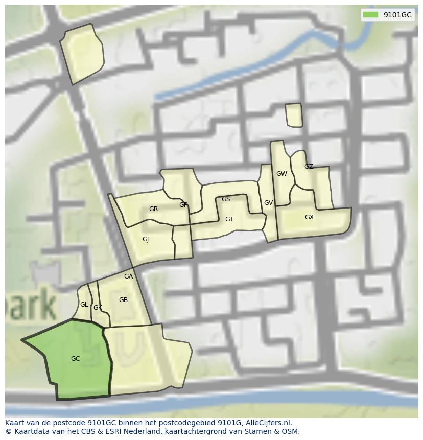 Afbeelding van het postcodegebied 9101 GC op de kaart.