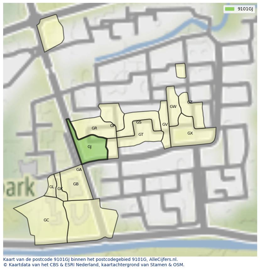 Afbeelding van het postcodegebied 9101 GJ op de kaart.
