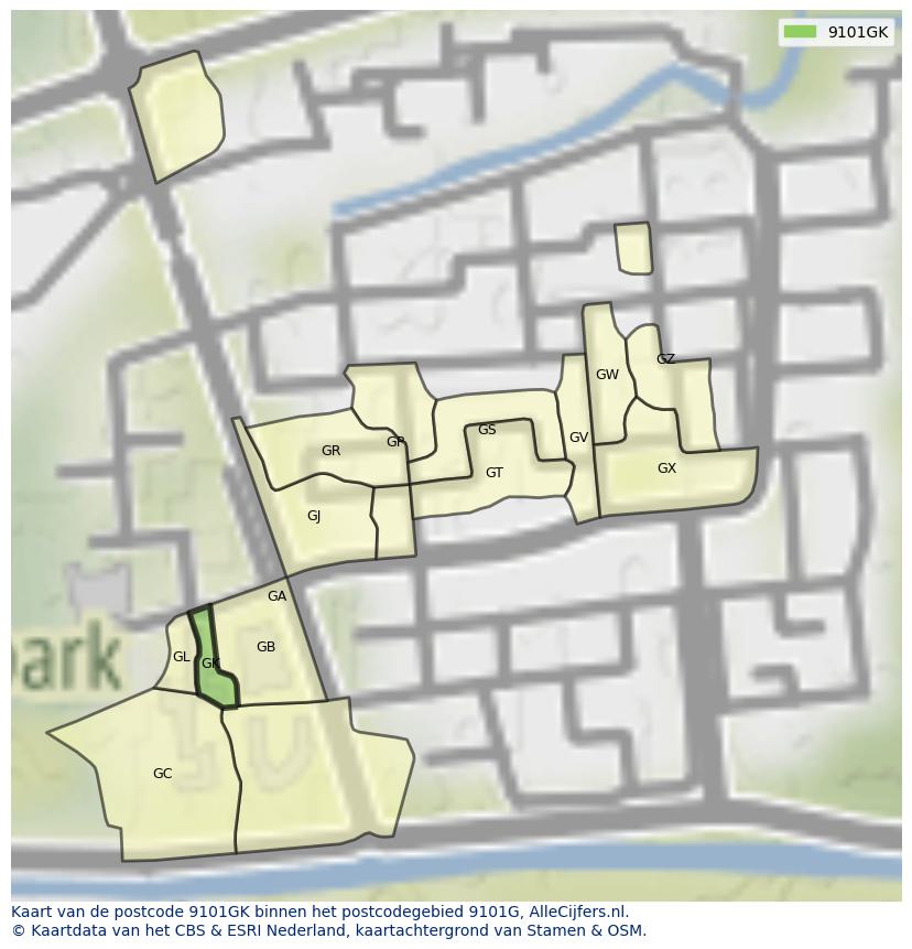 Afbeelding van het postcodegebied 9101 GK op de kaart.