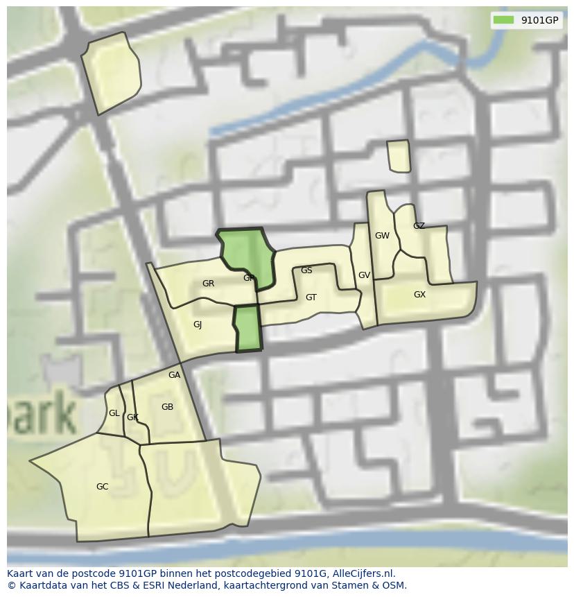 Afbeelding van het postcodegebied 9101 GP op de kaart.