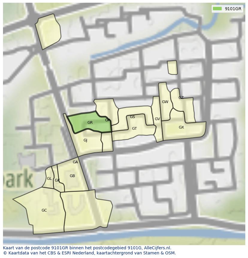 Afbeelding van het postcodegebied 9101 GR op de kaart.