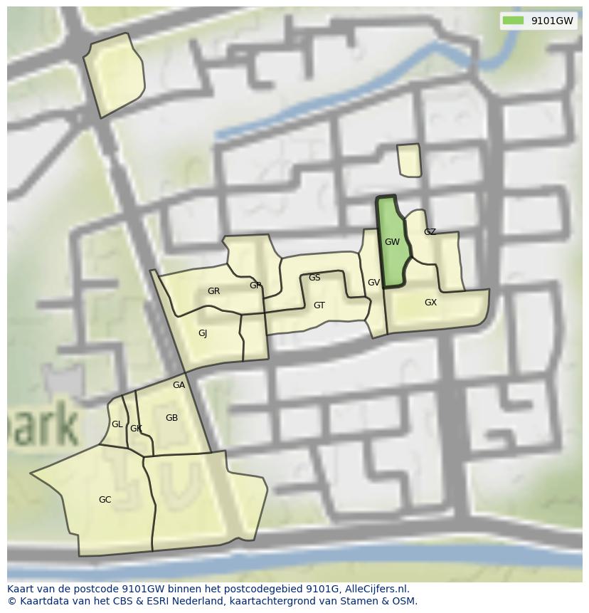 Afbeelding van het postcodegebied 9101 GW op de kaart.
