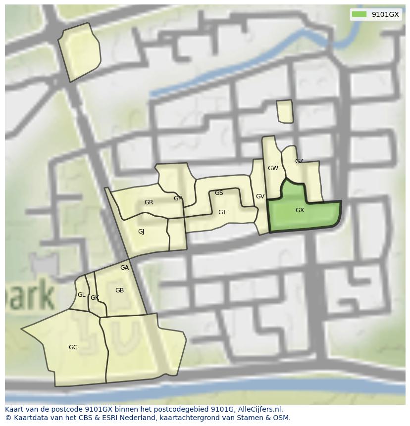Afbeelding van het postcodegebied 9101 GX op de kaart.