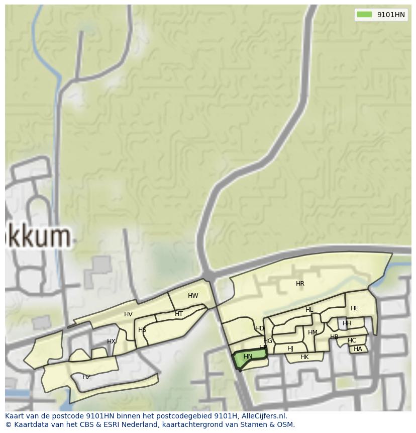 Afbeelding van het postcodegebied 9101 HN op de kaart.