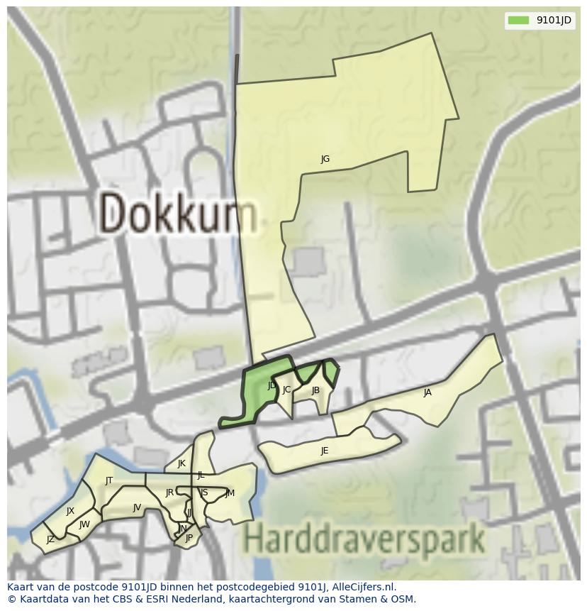 Afbeelding van het postcodegebied 9101 JD op de kaart.