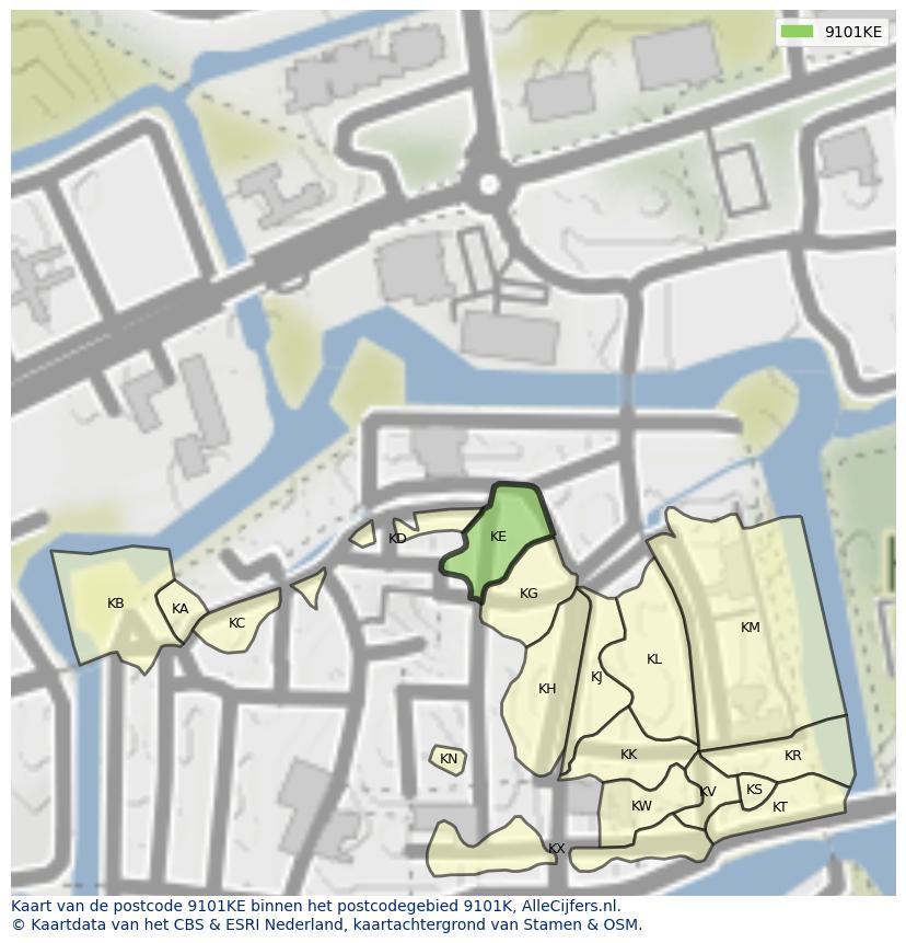Afbeelding van het postcodegebied 9101 KE op de kaart.