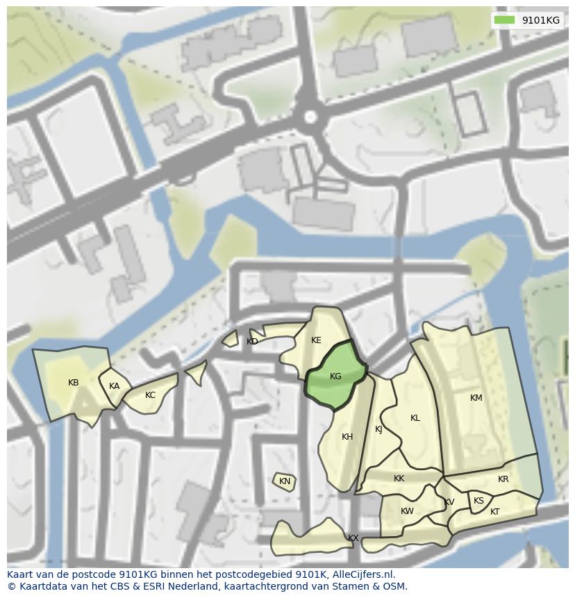 Afbeelding van het postcodegebied 9101 KG op de kaart.