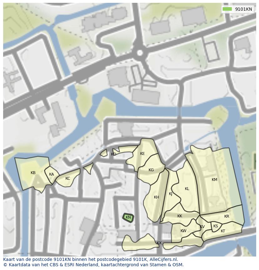 Afbeelding van het postcodegebied 9101 KN op de kaart.