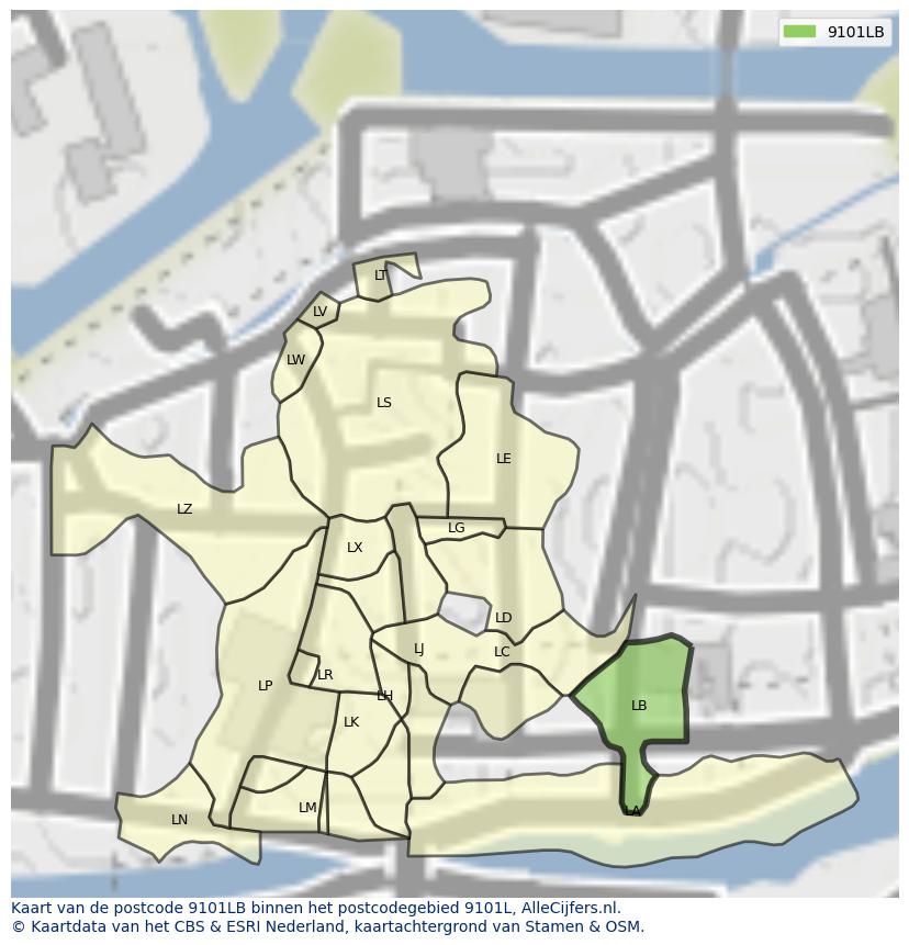 Afbeelding van het postcodegebied 9101 LB op de kaart.