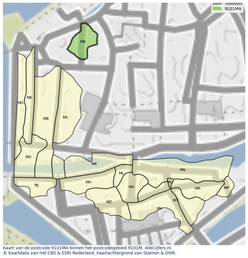 Afbeelding van het postcodegebied 9101 MA op de kaart.