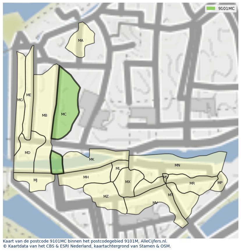 Afbeelding van het postcodegebied 9101 MC op de kaart.