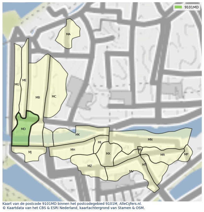 Afbeelding van het postcodegebied 9101 MD op de kaart.
