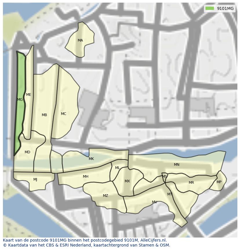 Afbeelding van het postcodegebied 9101 MG op de kaart.