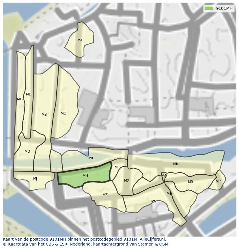Afbeelding van het postcodegebied 9101 MH op de kaart.