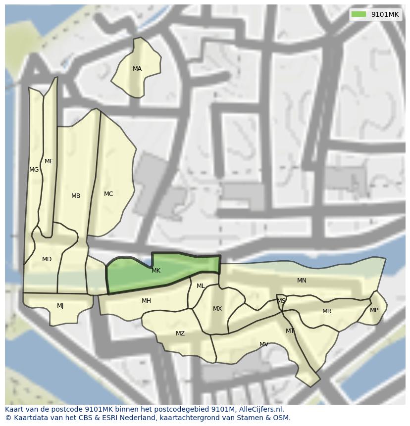 Afbeelding van het postcodegebied 9101 MK op de kaart.