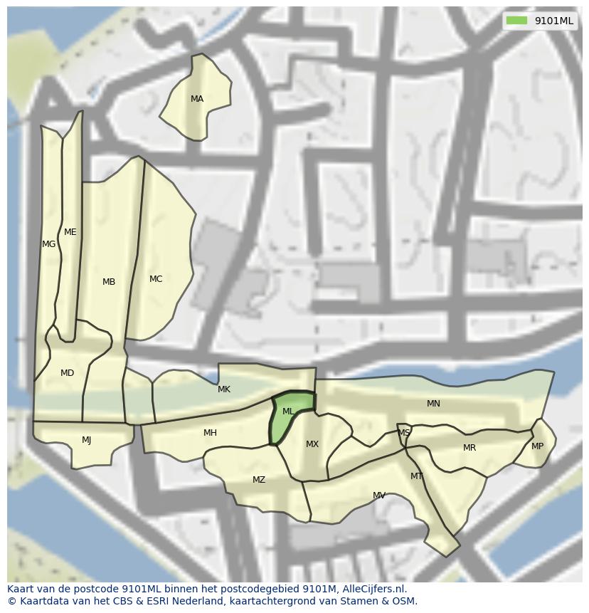 Afbeelding van het postcodegebied 9101 ML op de kaart.