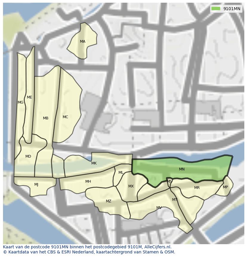Afbeelding van het postcodegebied 9101 MN op de kaart.