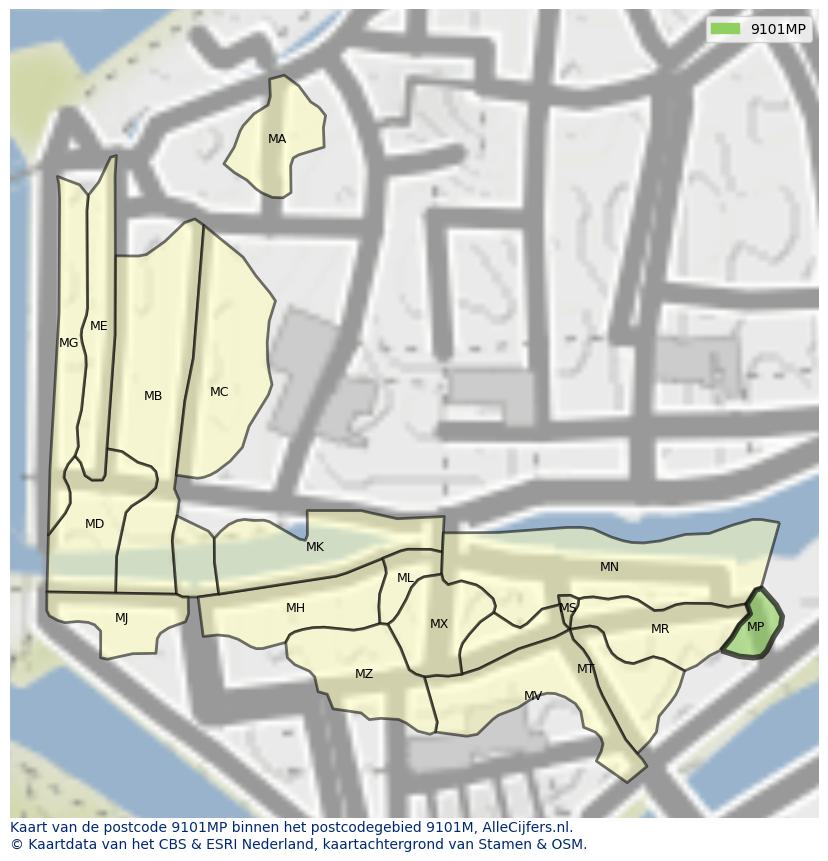 Afbeelding van het postcodegebied 9101 MP op de kaart.