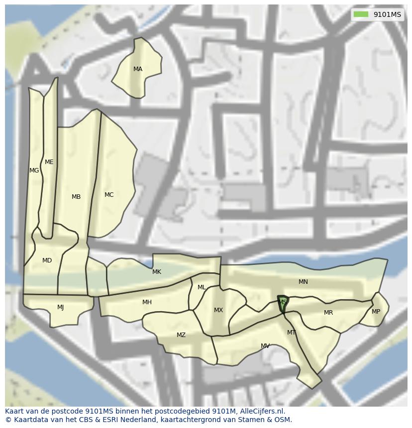 Afbeelding van het postcodegebied 9101 MS op de kaart.