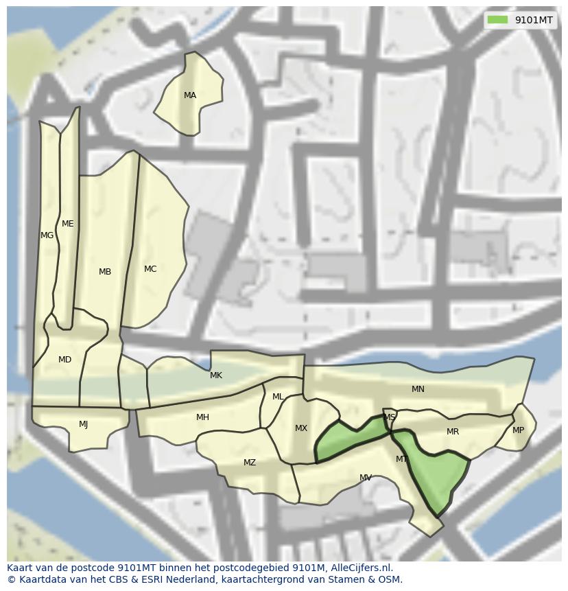 Afbeelding van het postcodegebied 9101 MT op de kaart.