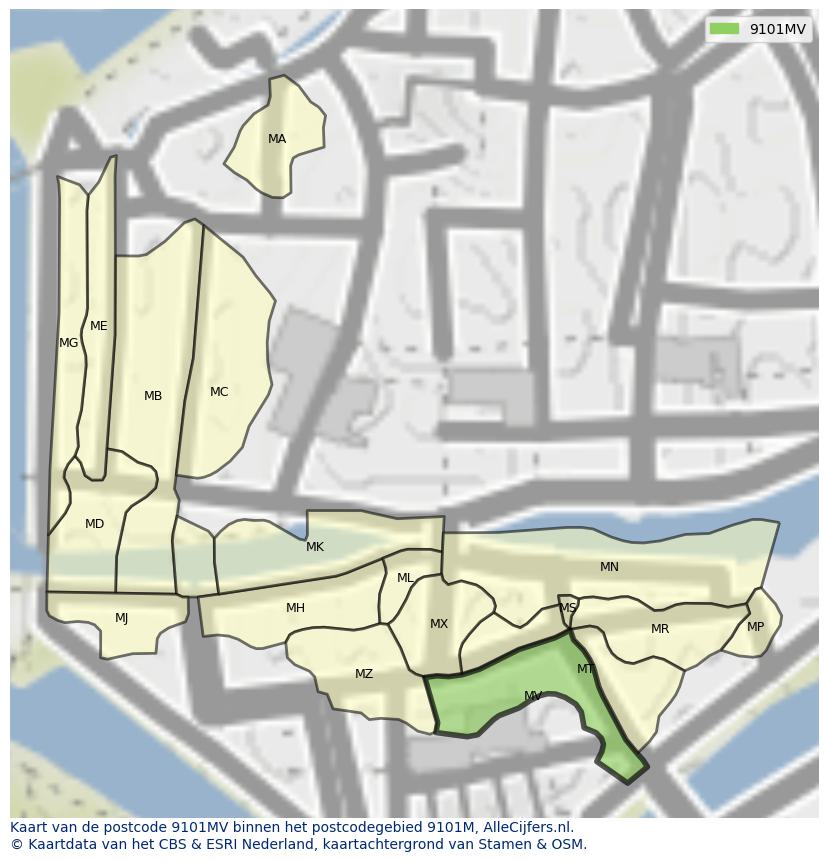Afbeelding van het postcodegebied 9101 MV op de kaart.