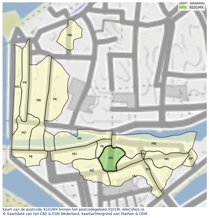 Afbeelding van het postcodegebied 9101 MX op de kaart.