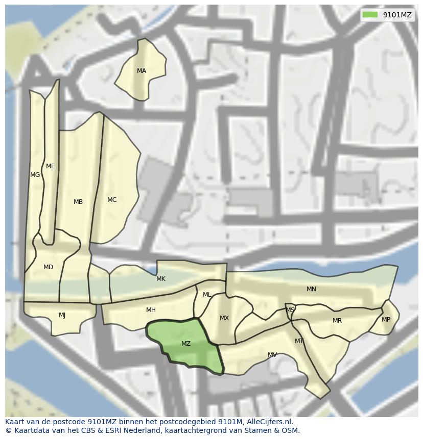 Afbeelding van het postcodegebied 9101 MZ op de kaart.