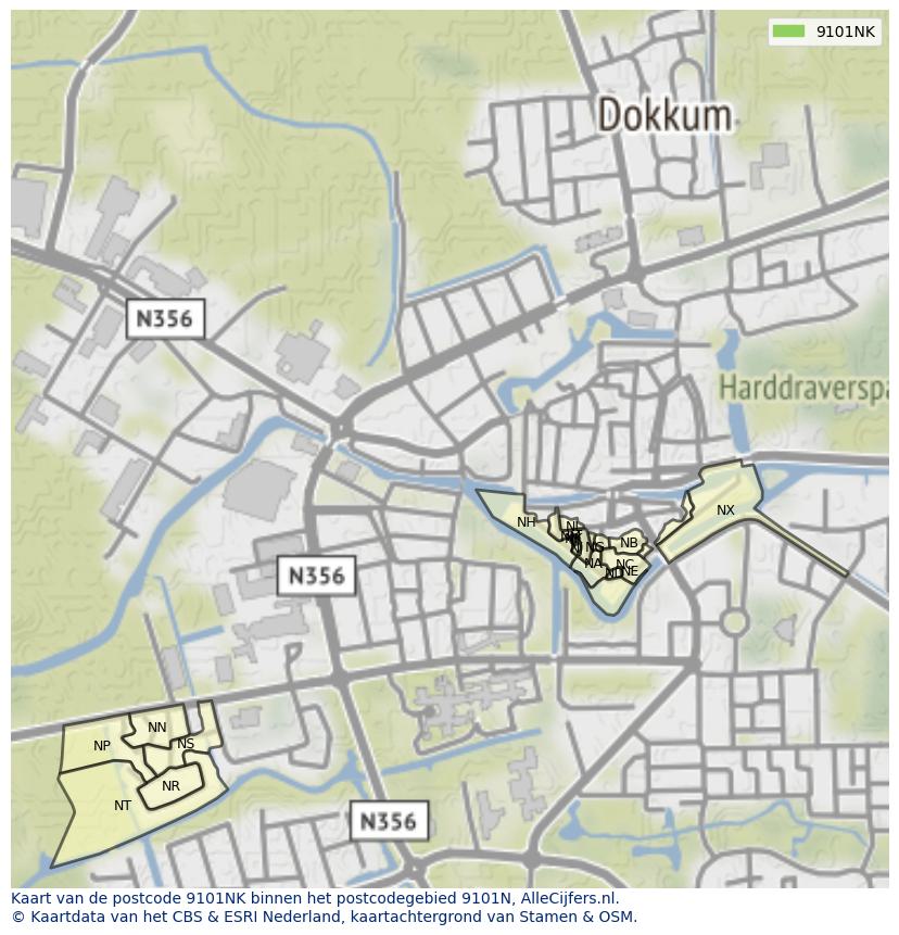 Afbeelding van het postcodegebied 9101 NK op de kaart.