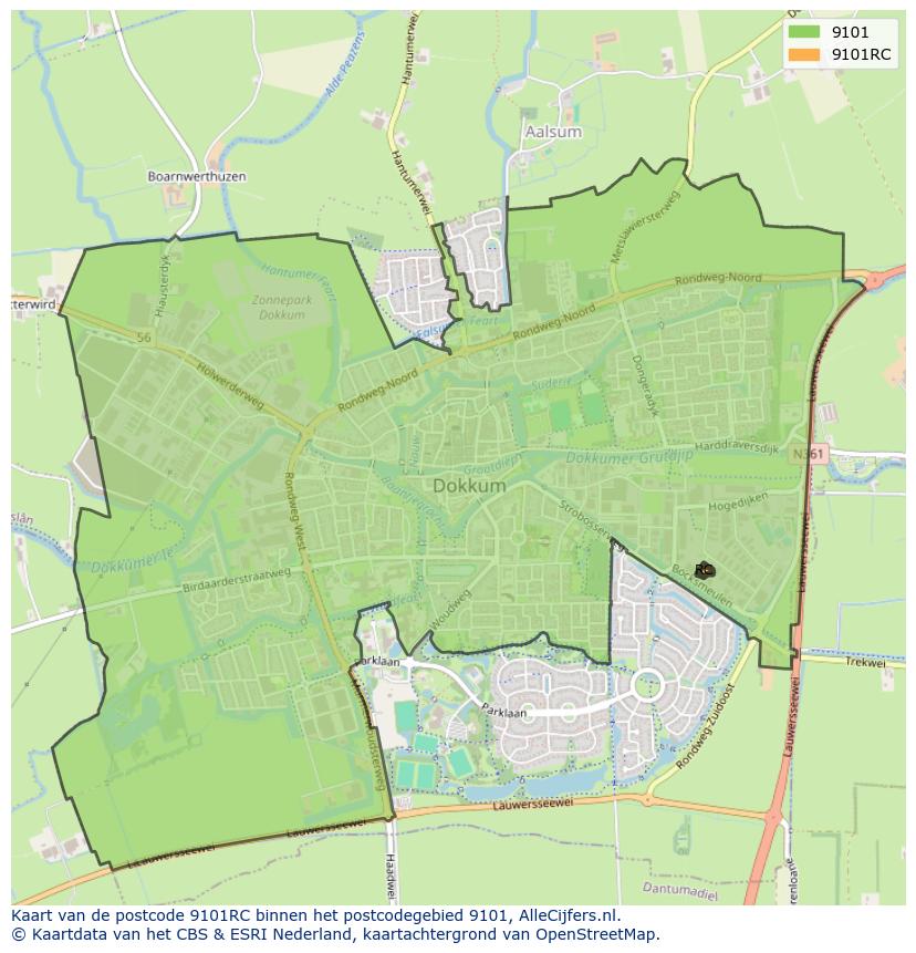Afbeelding van het postcodegebied 9101 RC op de kaart.