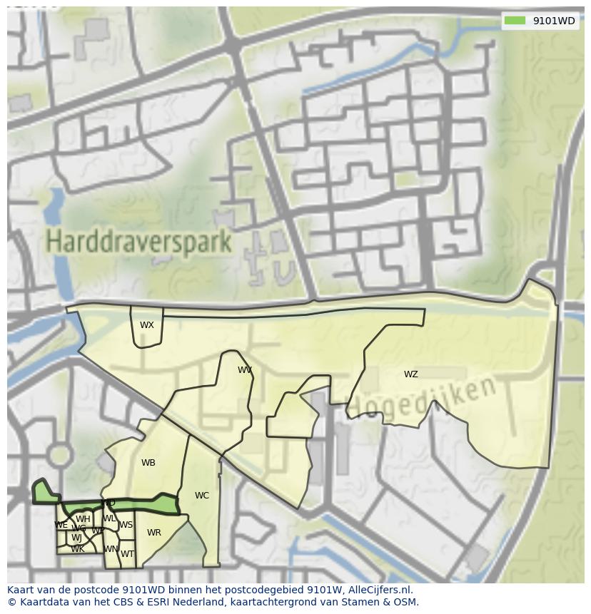 Afbeelding van het postcodegebied 9101 WD op de kaart.