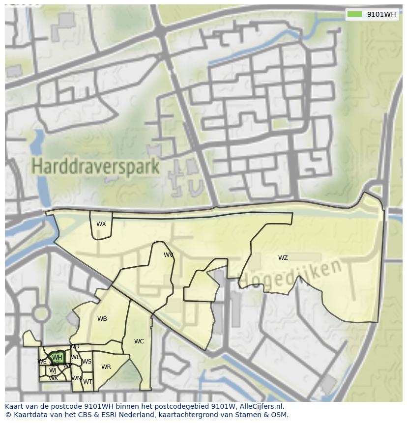 Afbeelding van het postcodegebied 9101 WH op de kaart.