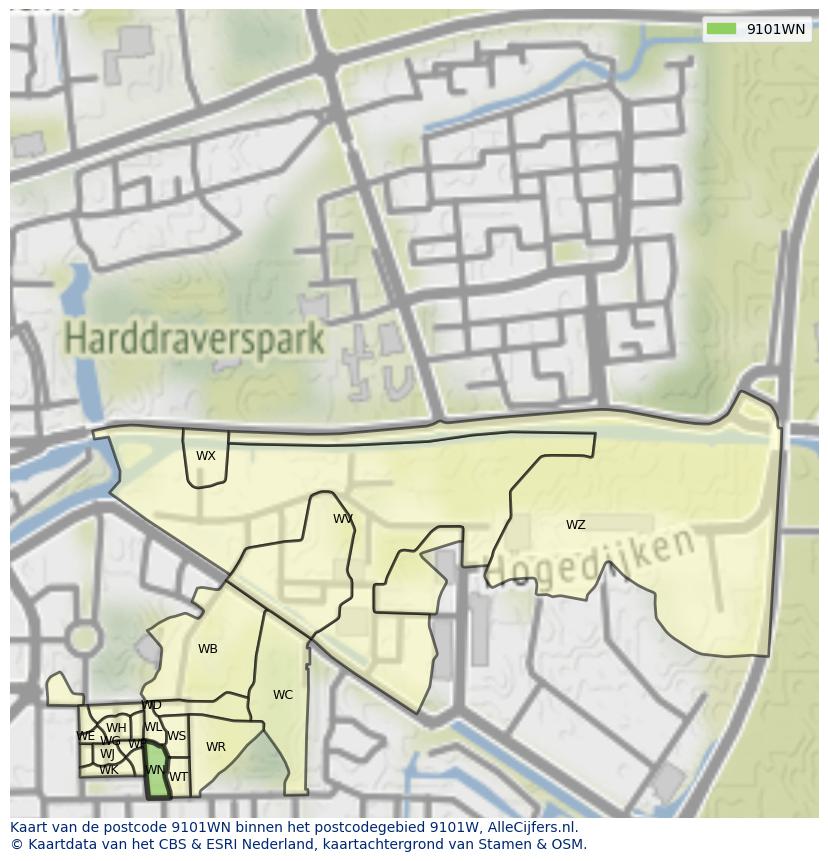 Afbeelding van het postcodegebied 9101 WN op de kaart.