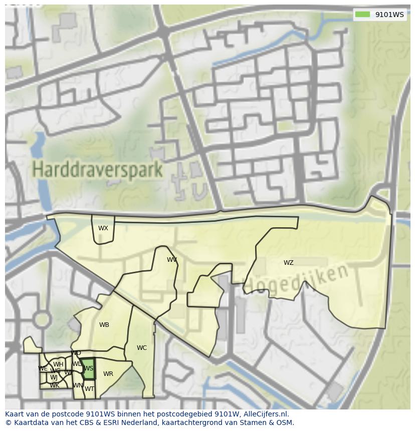 Afbeelding van het postcodegebied 9101 WS op de kaart.