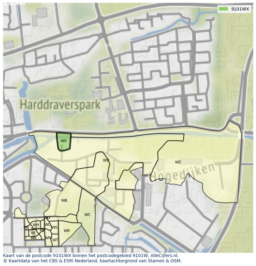 Afbeelding van het postcodegebied 9101 WX op de kaart.
