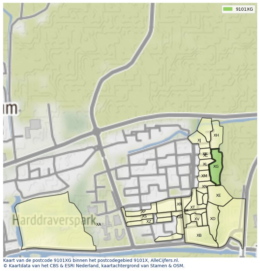 Afbeelding van het postcodegebied 9101 XG op de kaart.