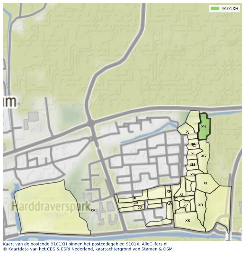 Afbeelding van het postcodegebied 9101 XH op de kaart.