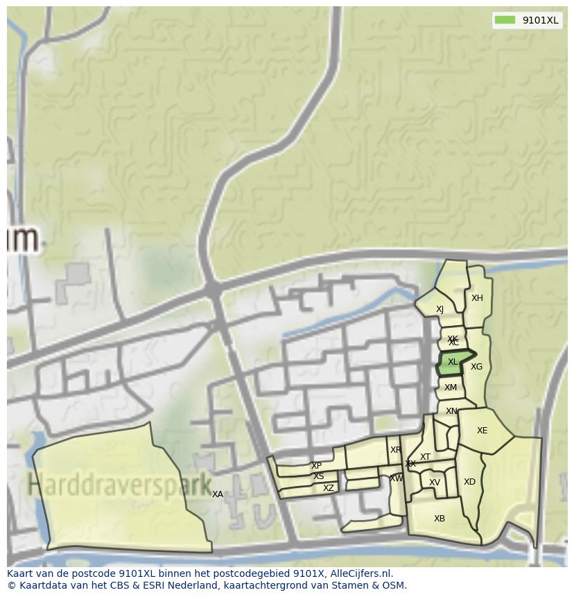 Afbeelding van het postcodegebied 9101 XL op de kaart.
