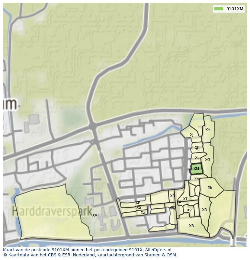 Afbeelding van het postcodegebied 9101 XM op de kaart.