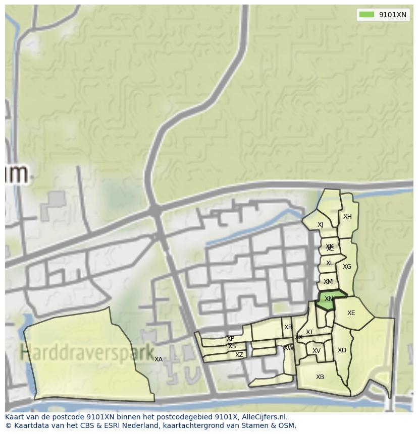 Afbeelding van het postcodegebied 9101 XN op de kaart.