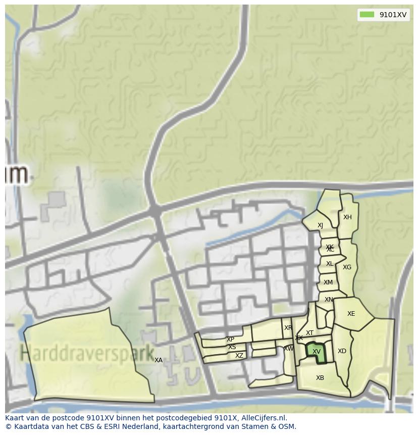 Afbeelding van het postcodegebied 9101 XV op de kaart.