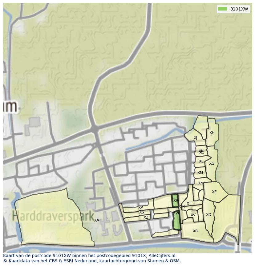 Afbeelding van het postcodegebied 9101 XW op de kaart.