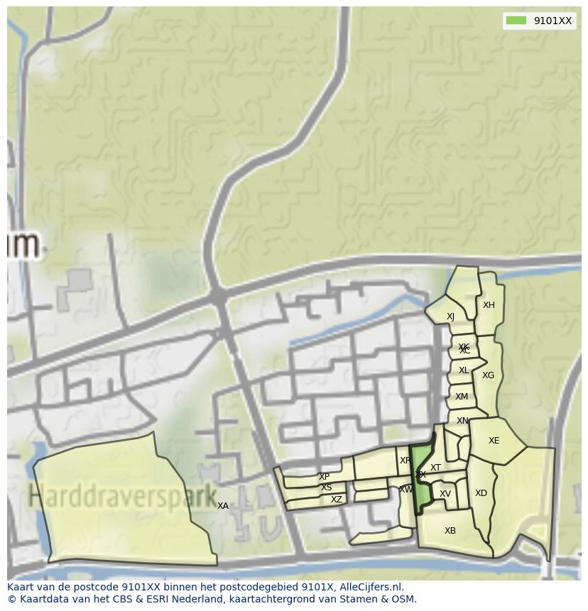 Afbeelding van het postcodegebied 9101 XX op de kaart.