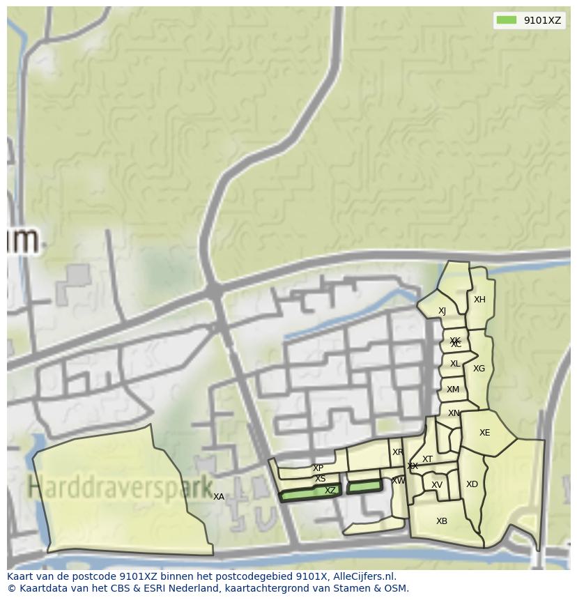 Afbeelding van het postcodegebied 9101 XZ op de kaart.
