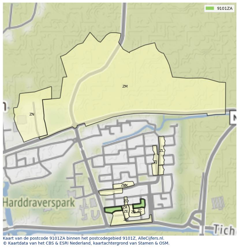 Afbeelding van het postcodegebied 9101 ZA op de kaart.