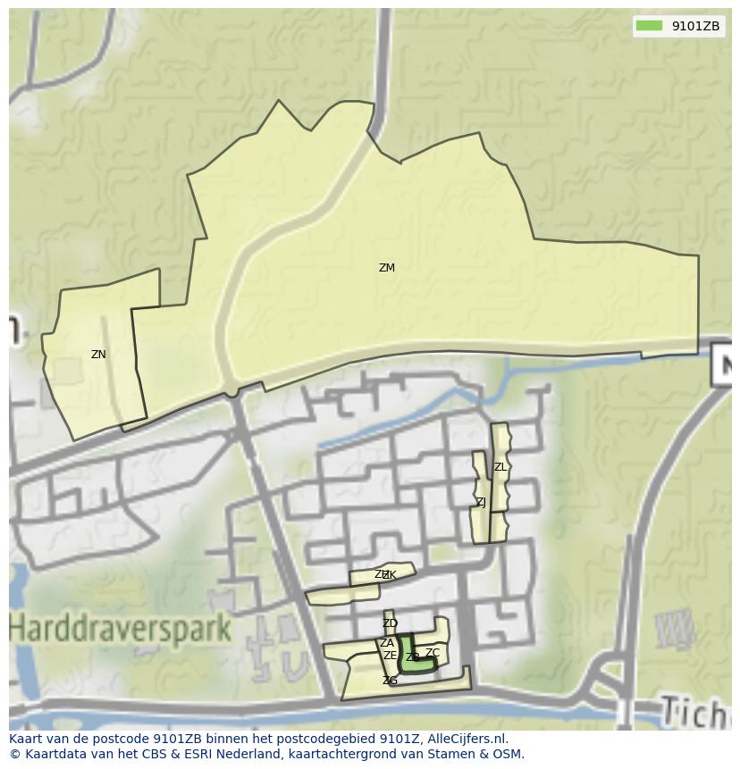 Afbeelding van het postcodegebied 9101 ZB op de kaart.