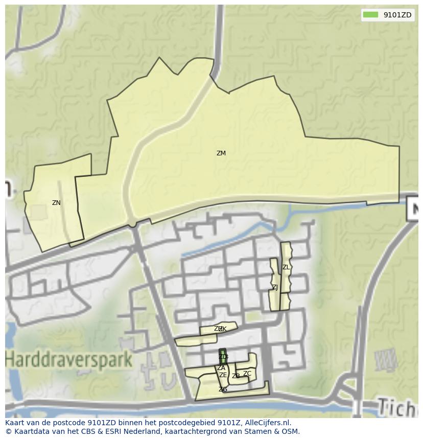 Afbeelding van het postcodegebied 9101 ZD op de kaart.