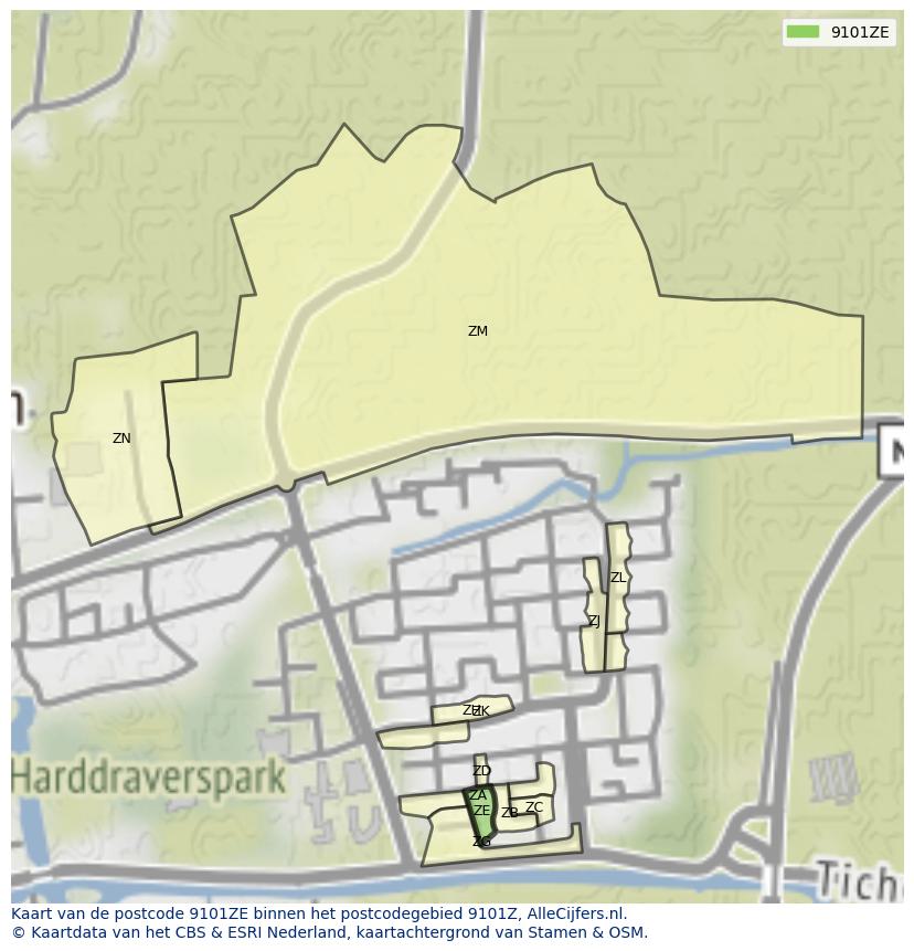 Afbeelding van het postcodegebied 9101 ZE op de kaart.