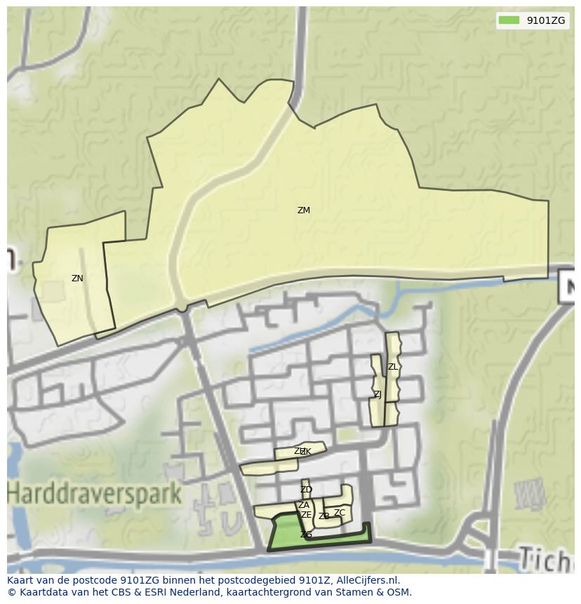 Afbeelding van het postcodegebied 9101 ZG op de kaart.